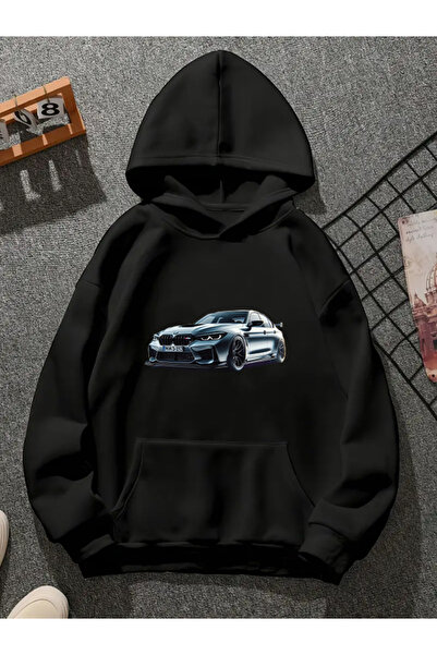 COMVİCHO Sportcar Printed Hooded Black Sweatshirt