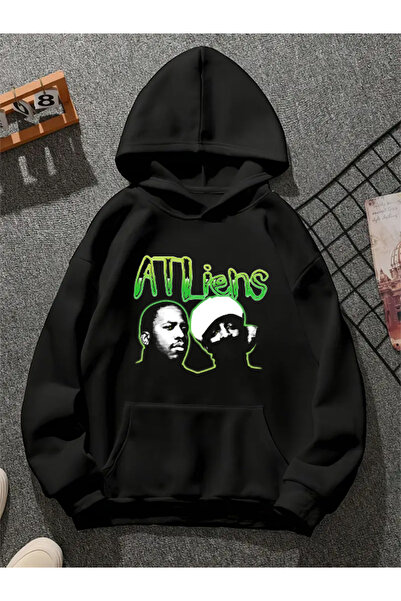 COMVİCHO Atliens V1 Printed Hooded Black Sweatshirt