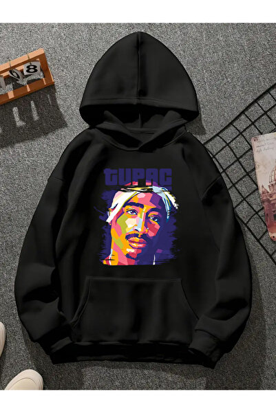 COMVİCHO Tupac V8 Printed Hooded Black Sweatshirt