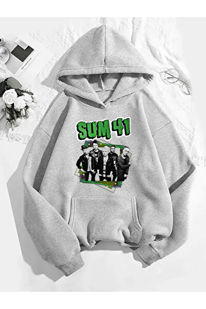 COMVİCHO سويت شيرت رمادي بقلنسوة مطبوع عليه sum 41 v1