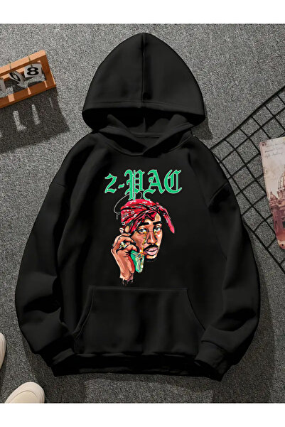 COMVİCHO سويت شيرت أسود بقلنسوة مطبوعة من tupac v42