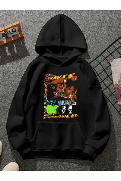 COMVİCHO سويت شيرت أسود بقلنسوة مطبوعة من ترافيس سكوت v9