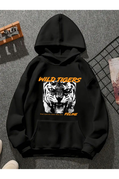COMVİCHO Feline Printed Hooded Black Sweatshirt