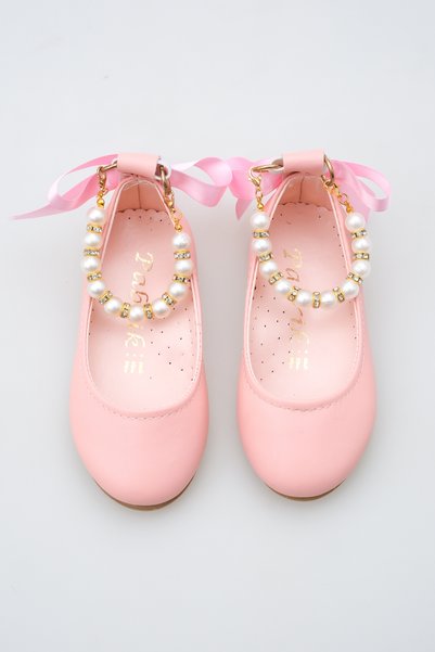 KATEYLER Matte Pink Ankle Pearl Detailed Girls' Ballerinas with Bow Ribbon