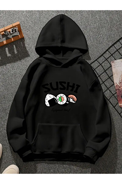 COMVİCHO سويت شيرت أسود بقلنسوة مطبوع عليه السوشي