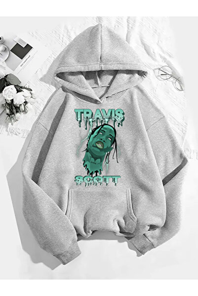 COMVİCHO سويت شيرت رمادي بقلنسوة مطبوعة من ترافيس سكوت v17