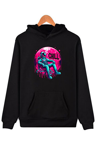 COMVİCHO Chillastrom Printed Hooded Black Sweatshirt