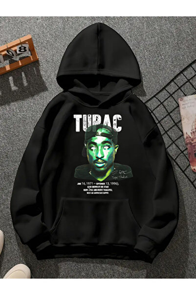 COMVİCHO Tupac V45 Printed Hooded Black Sweatshirt