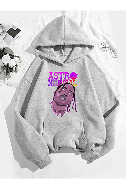 COMVİCHO سويت شيرت رمادي بقلنسوة مطبوعة من ترافيس سكوت v22