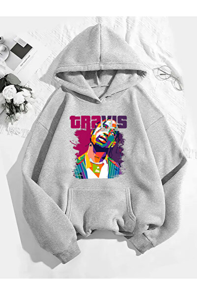 COMVİCHO سويت شيرت رمادي بقلنسوة مطبوعة من ترافيس سكوت v2