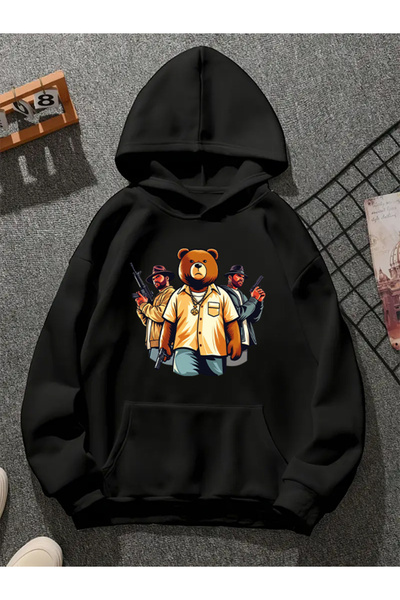 COMVİCHO Beargta002 Printed Hooded Black Sweatshirt