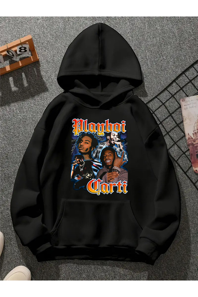 COMVİCHO سترة كارتي v1 ذات قلنسوة مطبوعة باللون الأسود