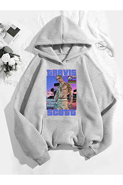 COMVİCHO سويت شيرت رمادي بقلنسوة مطبوعة من ترافيس سكوت v10