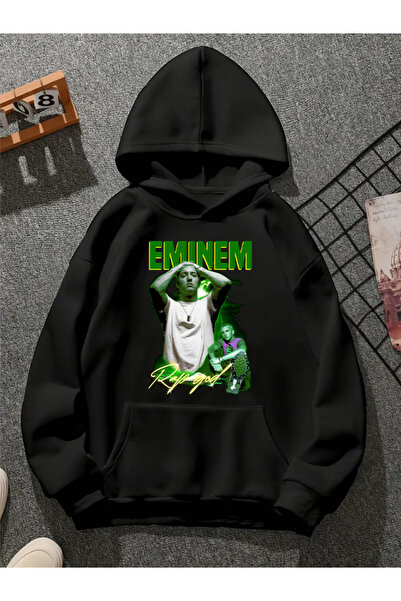 COMVİCHO سويت شيرت أسود بقلنسوة مطبوعة من eminem v11