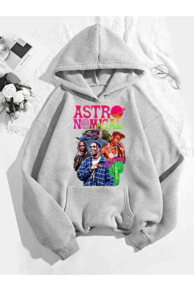 COMVİCHO سويت شيرت رمادي بقلنسوة مطبوعة من ترافيس سكوت v20