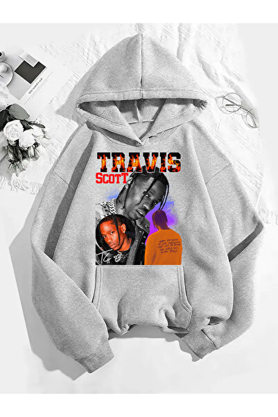 COMVİCHO سويت شيرت رمادي بقلنسوة مطبوعة من ترافيس سكوت v13