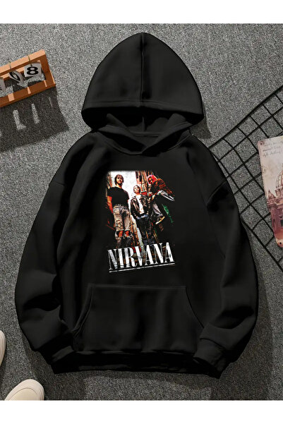 COMVİCHO سويت شيرت أسود بقلنسوة مطبوعة من نيرفانا v3