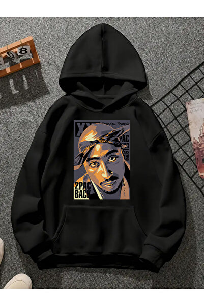 COMVİCHO سويت شيرت أسود بقلنسوة مطبوعة من tupac v1