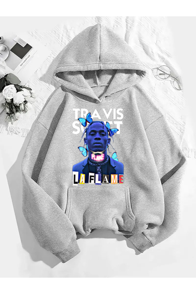 COMVİCHO سويت شيرت رمادي بقلنسوة مطبوعة من ترافيس سكوت v14