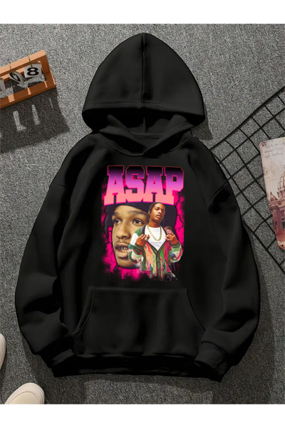 COMVİCHO Asap Rocky V10 Printed Hooded Black Sweatshirt