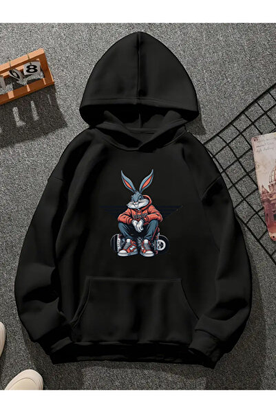 COMVİCHO bunnyurban006 سويت شيرت أسود بقلنسوة مطبوعة