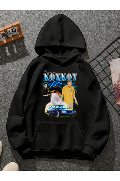 COMVİCHO koykoy v1 سويت شيرت أسود بقلنسوة مطبوعة