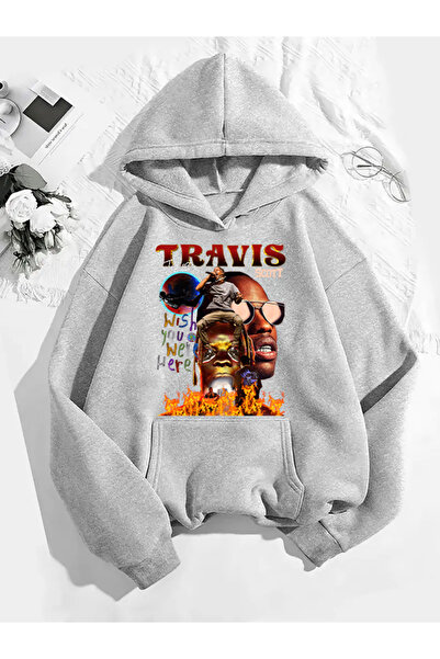 COMVİCHO سويت شيرت رمادي بقلنسوة مطبوعة من ترافيس سكوت v6