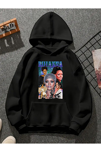 COMVİCHO Rihanna V3 Printed Hooded Black Sweatshirt