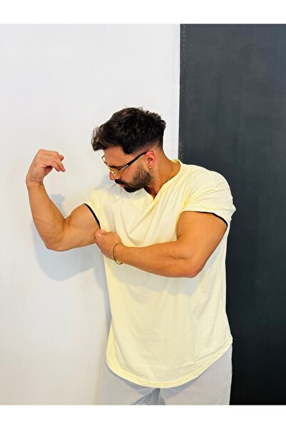 Bas Body FitnessWear تي شيرت بلون الليمون ورقبة على شكل حرف V كبير الحجم مصنو...