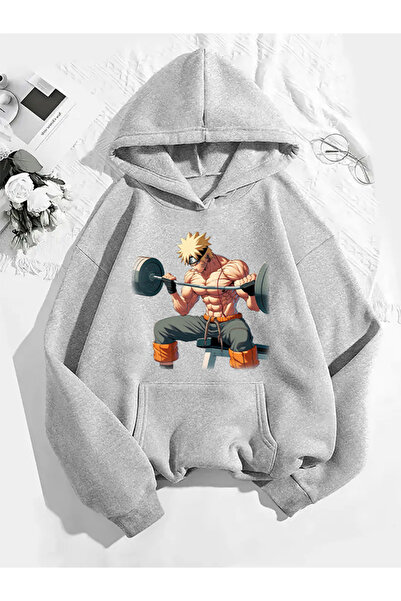 COMVİCHO سويت شيرت رمادي بقلنسوة مطبوع عليه جيمناروتو