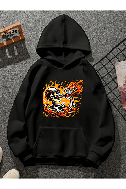 COMVİCHO سويت شيرت أسود بقلنسوة مطبوعة من روكفاير