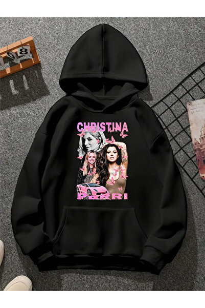 COMVİCHO سويت شيرت أسود بقلنسوة مطبوعة من كريستينا بيري v1