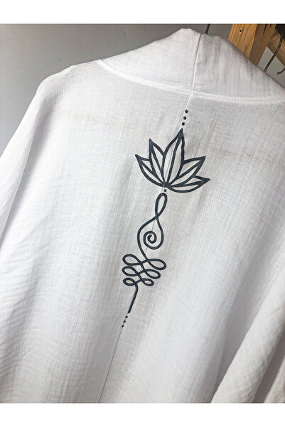 Genel Markalar %100 Pamuk Lotus ve Unalome Görselli Beyaz Müslin Kimono Müslin Tüm Yaş Grupları Midi Organik Düz E