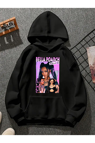 COMVİCHO سويت شيرت أسود بغطاء للرأس مطبوع من bella poarch v3