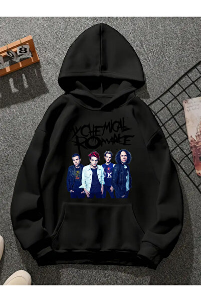 COMVİCHO Mychemal Romance V1 Printed Hooded Black Sweatshirt