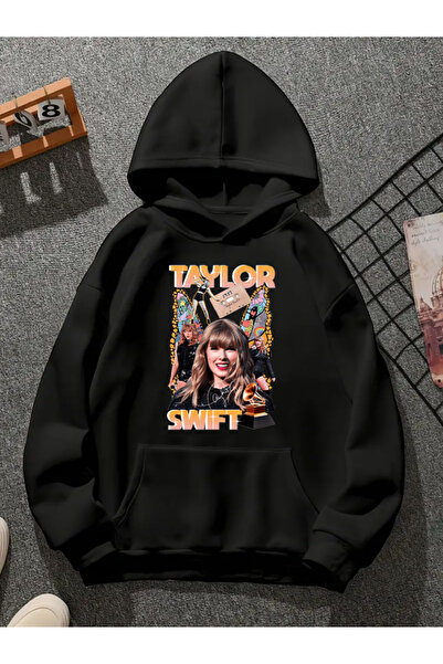 COMVİCHO سويت شيرت أسود بقلنسوة مطبوعة من تايلور سويفت v1