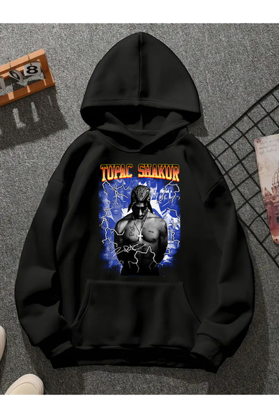 COMVİCHO Tupac V39 Printed Hooded Black Sweatshirt