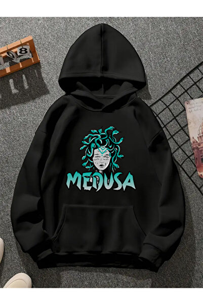 COMVİCHO سويت شيرت أسود بقلنسوة مطبوع عليه ميدوسا