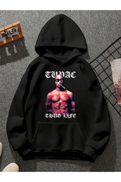 COMVİCHO سويت شيرت أسود بقلنسوة مطبوعة من tupac v37