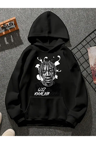 COMVİCHO Wiz Khalifa V7 Printed Hooded Black Sweatshirt