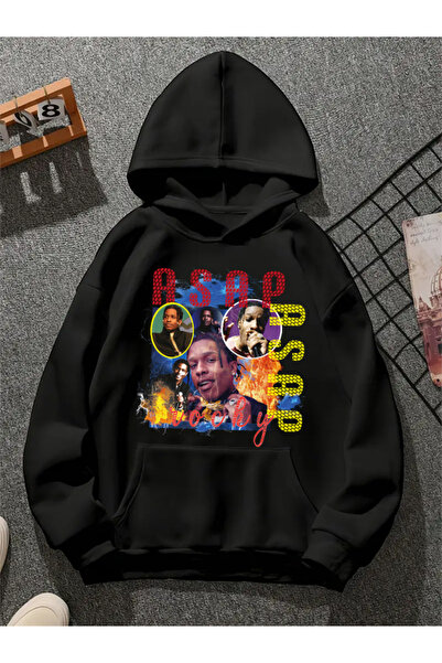 COMVİCHO Asap Rocky V6 Printed Hooded Black Sweatshirt