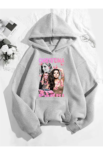 COMVİCHO سويت شيرت رمادي بقلنسوة مطبوعة من كريستينا بيري v1