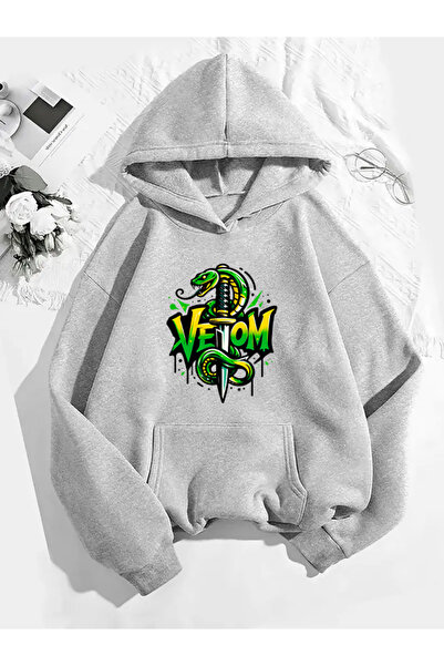 COMVİCHO سويت شيرت رمادي بقلنسوة مطبوع عليه فينوم