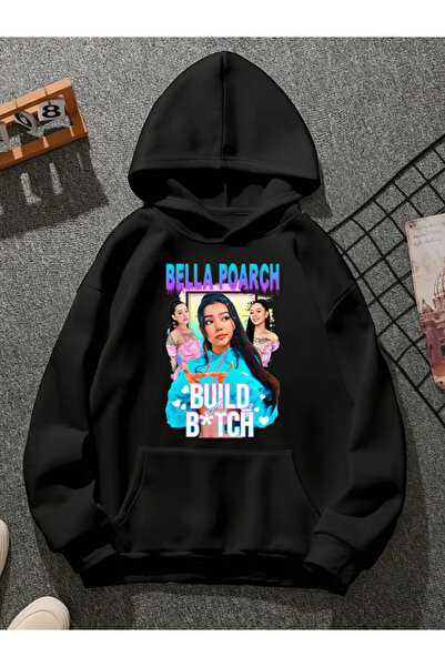 COMVİCHO سويت شيرت أسود بغطاء للرأس مطبوع من bella poarch v2