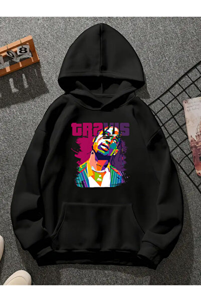 COMVİCHO سويت شيرت أسود بقلنسوة مطبوعة من ترافيس سكوت v2