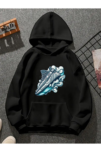COMVİCHO Shooes65 Printed Hooded Black Sweatshirt