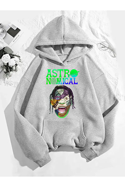 COMVİCHO سويت شيرت رمادي بقلنسوة مطبوعة من ترافيس سكوت v19