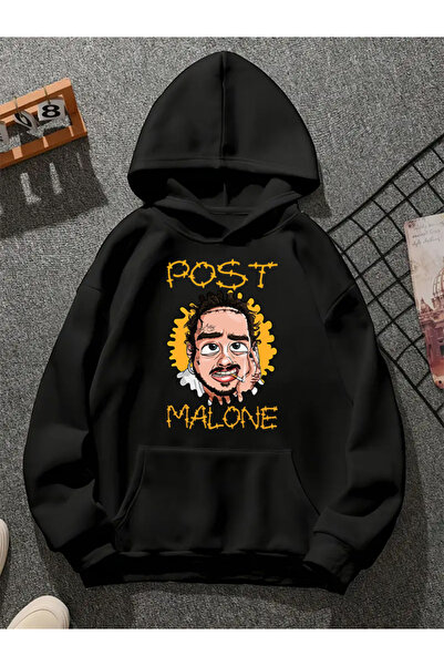 COMVİCHO Postmalone V8 Printed Hooded Black Sweatshirt