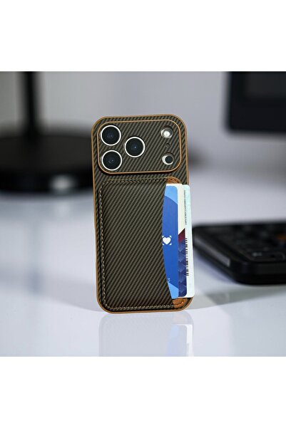 HYPERSOFT Iphone 17 Pro (6.3 inç) Uyumlu Cüzdan Kartlıklı Stantlı Karbon Deta...