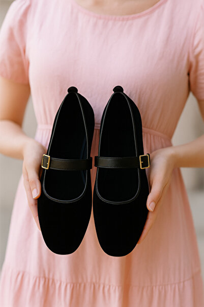 STOCON Kadın Babet Ayakkabı Kadife Altın Tokalı Şık Hafif Ortopedik Ses Yapmaz Taban STC1165